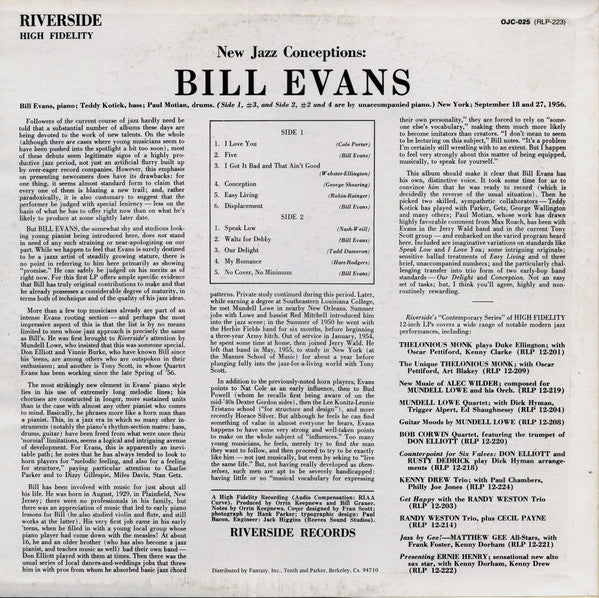 Bill Evans : New Jazz Conceptions (LP, Album, Mono, RE)