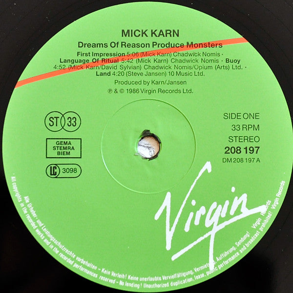 Mick Karn ~ Dreams Of Reason Produce Monsters (Vinyl) - Djungel & Jazz