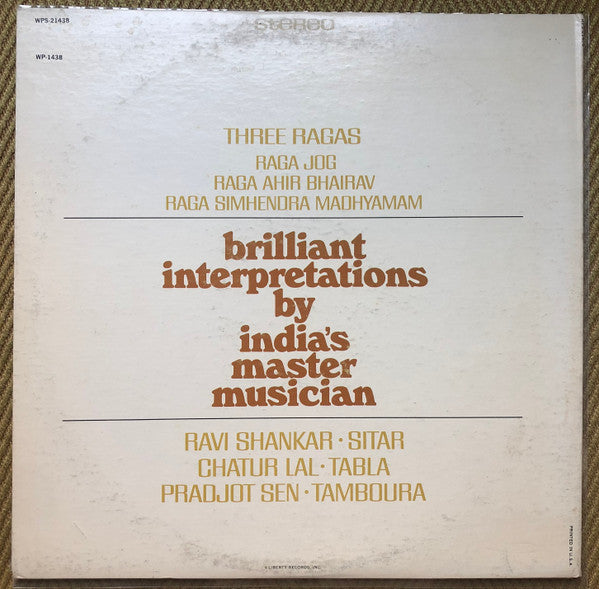 Ravi Shankar ~ Three Ragas (Vinyl) - Djungel & Jazz