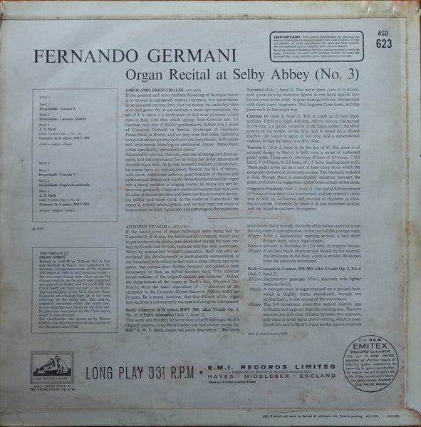 Girolamo Frescobaldi, Johann Sebastian Bach, Fernando Germani ~ Organ Recital At Selby Abbey, Yorkshire [No.3] (Vinyl) - Djungel & Jazz