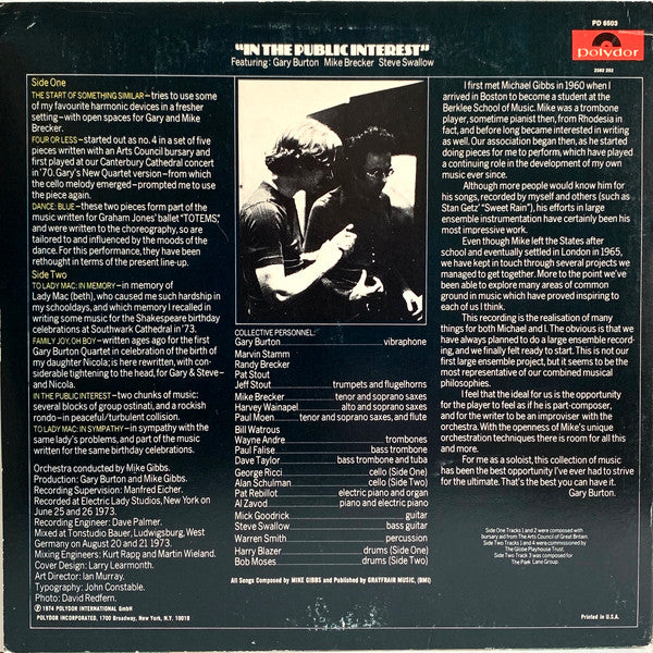 Mike Gibbs & Gary Burton ~ In The Public Interest (Vinyl) - Djungel & Jazz