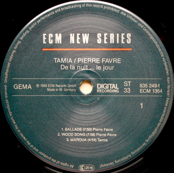 Tamia - Pierre Favre ~ De La Nuit... Le Jour (Vinyl) - Djungel & Jazz