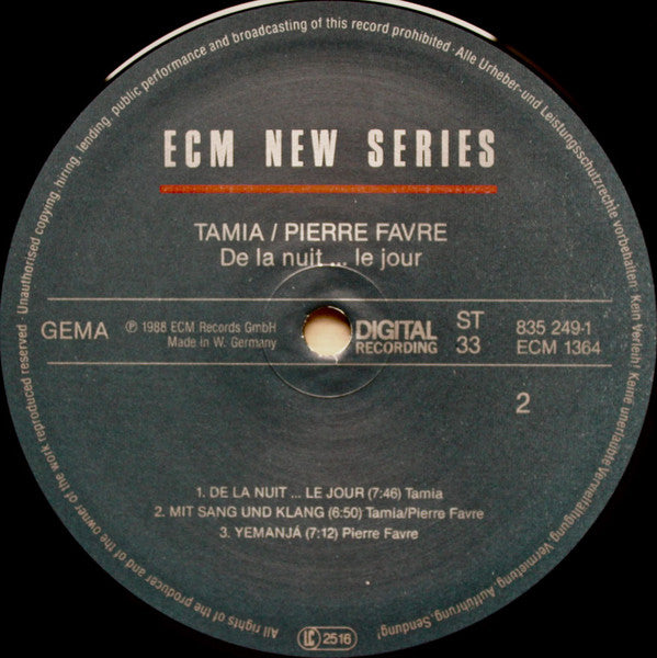 Tamia - Pierre Favre ~ De La Nuit... Le Jour (Vinyl) - Djungel & Jazz