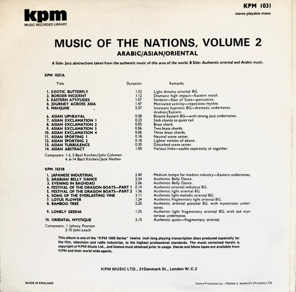 Basil Kirchin / John Coleman / Jack Nathan / John Leach ~ Music Of The Nations, Volume 2 - Arabic / Asian / Oriental (Vinyl) - Djungel & Jazz