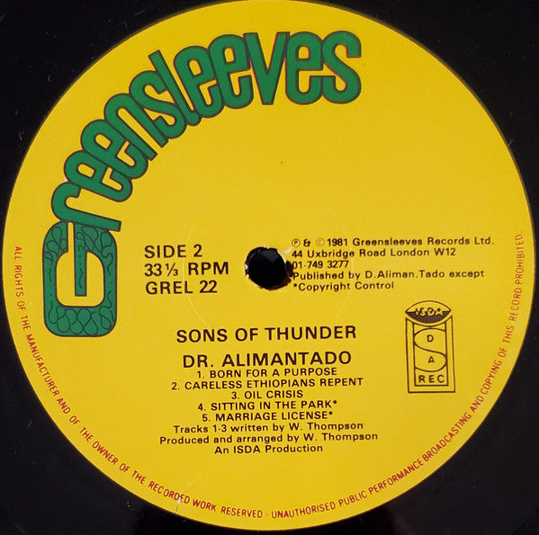 Dr. Alimantado : Sons Of Thunder (LP, Album, Comp)