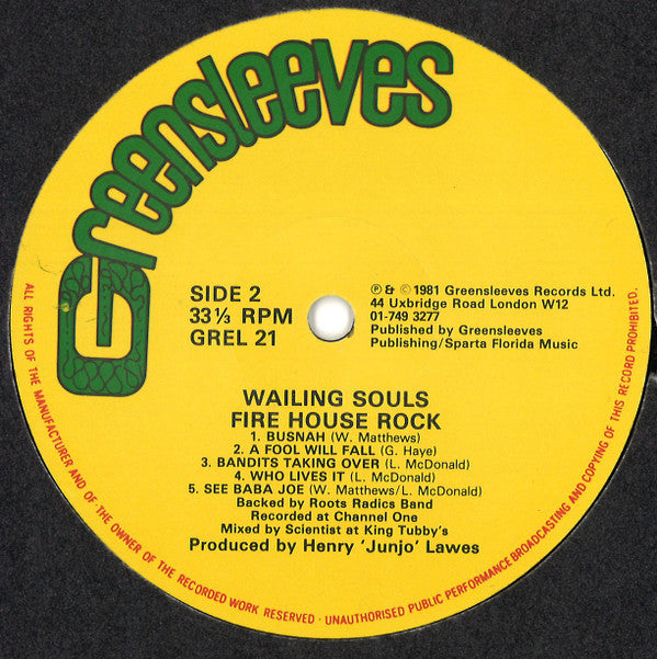 Wailing Souls : Fire House Rock (LP, Album)
