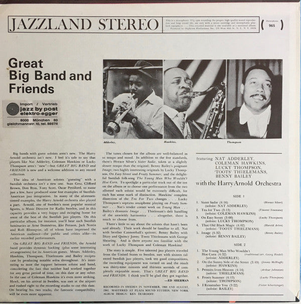 Nat Adderley, Coleman Hawkins, Lucky Thompson, The Harry Arnold Orchestra ~ Great Big Band And Friends (Vinyl) - Djungel & Jazz