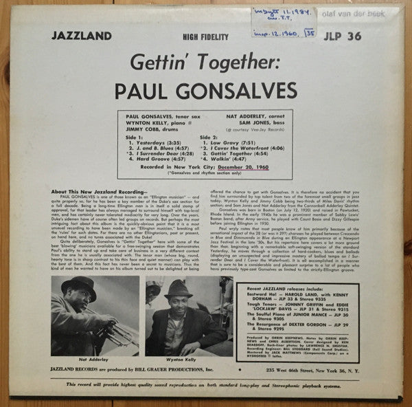 Paul Gonsalves ~ Gettin' Together (Vinyl) - Djungel & Jazz