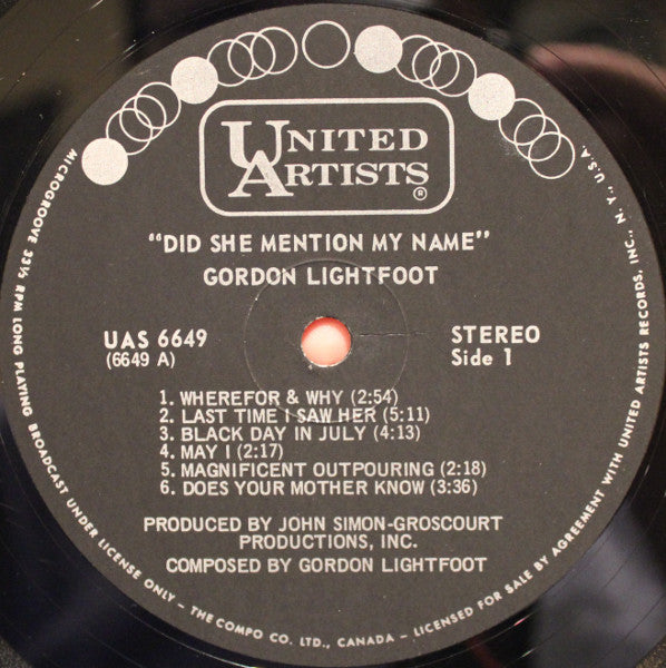 Gordon Lightfoot ~ Did She Mention My Name (Vinyl) - Djungel & Jazz