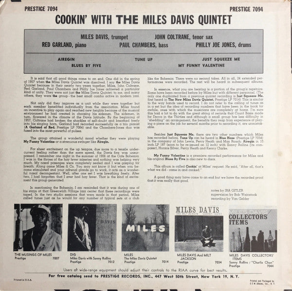 The Miles Davis Quintet : Cookin' With The Miles Davis Quintet (LP, Album, Mono)