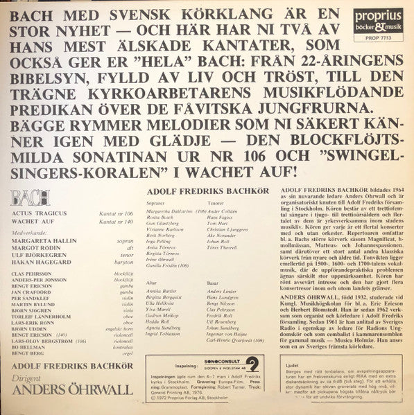 Bach / Adolf Fredriks Bachkör ~ Actus Tragicus Cantata 106 / Wachet Auf Cantata 140 (Vinyl) - Djungel & Jazz