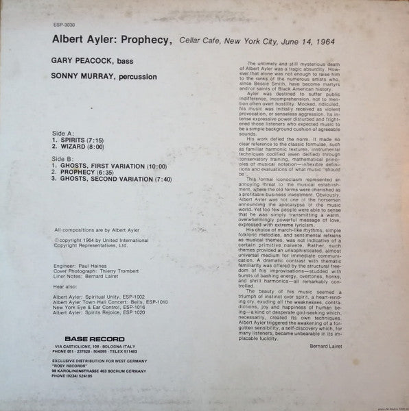 Albert Ayler ~ Prophecy (Vinyl) - Djungel & Jazz