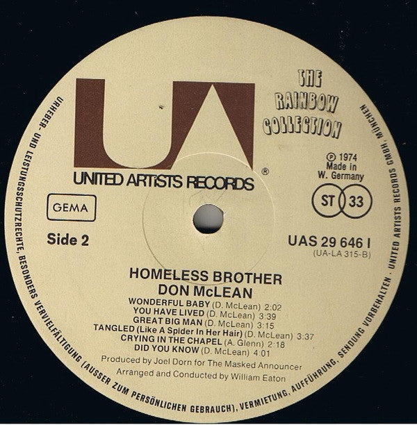Don McLean ~ Homeless Brother (Vinyl) - Djungel & Jazz