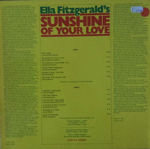 Ella Fitzgerald : Sunshine Of Your Love (LP, Album, RP)