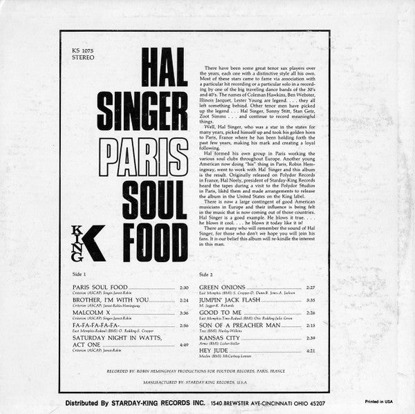 Hal Singer ~ Paris Soul Food (Vinyl) - Djungel & Jazz