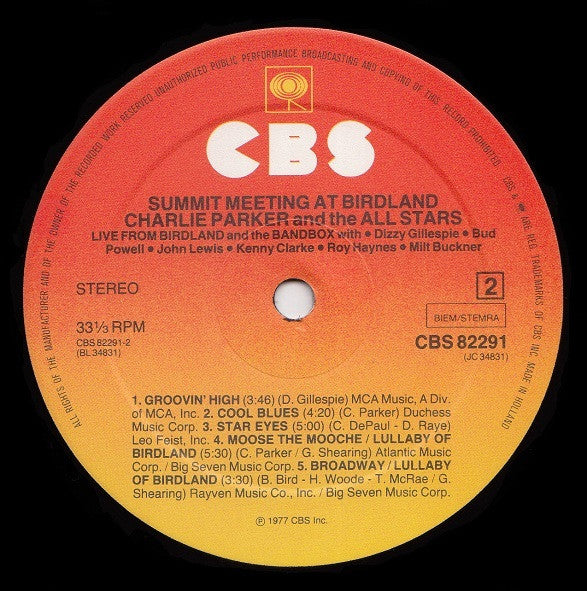 Charlie Parker ~ Summit Meeting At Birdland (Vinyl) - Djungel & Jazz
