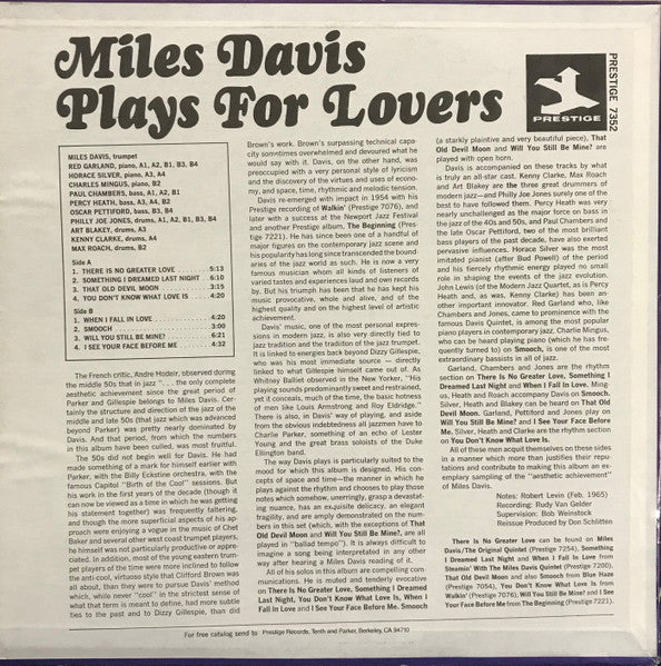 Miles Davis : Miles Davis Plays For Lovers (LP, Comp, RE, RM)