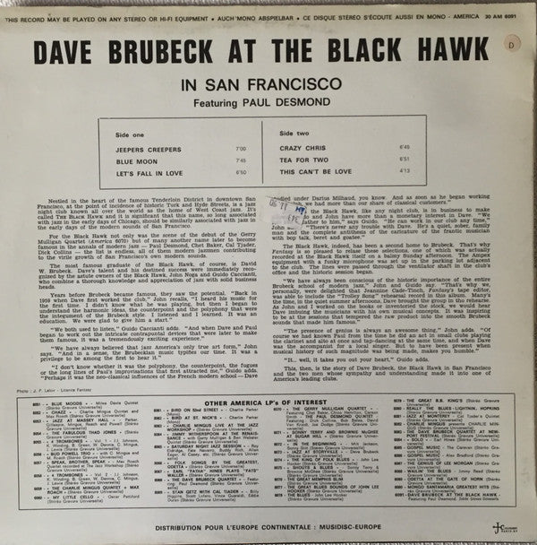 Dave Brubeck Featuring Paul Desmond : At The Black Hawk In San Francisco (LP, Comp, RE)