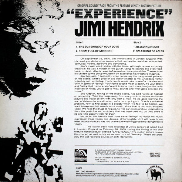 Jimi Hendrix ~ Original Sound Track From The Feature Length Motion Picture “Experience” (Vinyl) - Djungel & Jazz