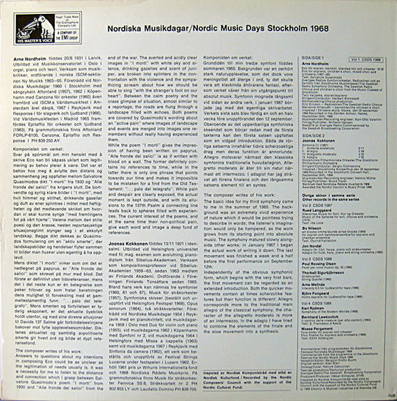 Arne Nordheim • Joonas Kokkonen : Nordiska Musikdagar 1968 Nordic Music Days Vol. 1 (LP)