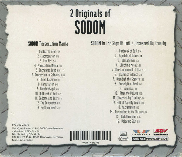 Sodom ~ 2 Originals Of Sodom (Persecution Mania / In The Sign Of Evil / Obsessed By Cruelty) (Vinyl) - Djungel & Jazz