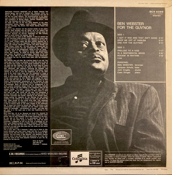 Ben Webster ~ For The Guv'nor (Vinyl) - Djungel & Jazz