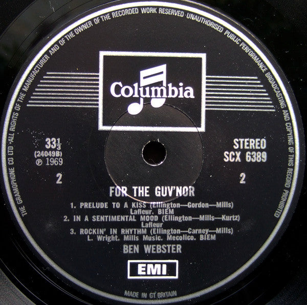 Ben Webster ~ For The Guv'nor (Vinyl) - Djungel & Jazz