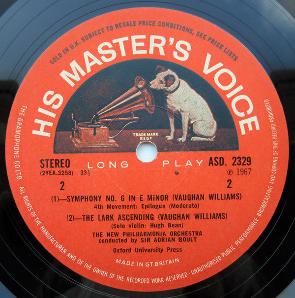 Sir Adrian Boult conducts Vaughan Williams, New Philharmonia Orchestra, Hugh Bean ~ Symphony No. 6 / The Lark Ascending (Vinyl) - Djungel & Jazz