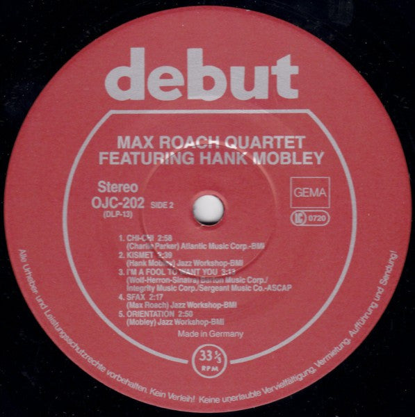 The Max Roach Quartet Featuring Hank Mobley ~ The Max Roach Quartet Featuring Hank Mobley (Vinyl) - Djungel & Jazz