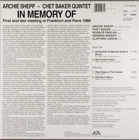Archie Shepp - Chet Baker Quintet : In Memory Of (First And Last Meeting In Frankfurt And Paris 1988) (LP, Album)
