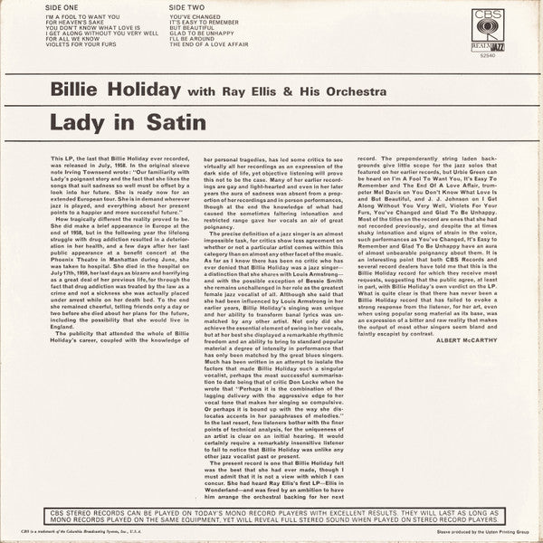 Billie Holiday With Ray Ellis And His Orchestra : Lady In Satin (LP, Album, Mono, RE)