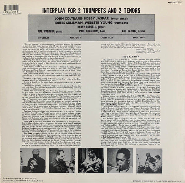 Idrees Sulieman, Webster Young, John Coltrane, Bobby Jaspar With Mal Waldron, Kenny Burrell, Paul Chambers (3), Art Taylor : Interplay For 2 Trumpets And 2 Tenors (LP, Album, RE, RM, RP)
