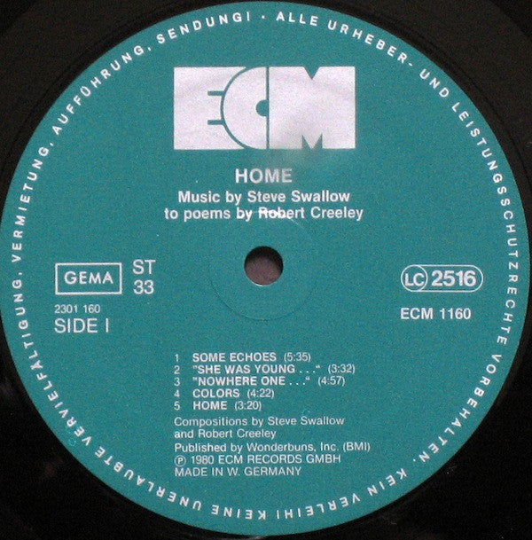 Steve Swallow ~ Home · Music By Steve Swallow To Poems By Robert Creeley (Vinyl) - Djungel & Jazz