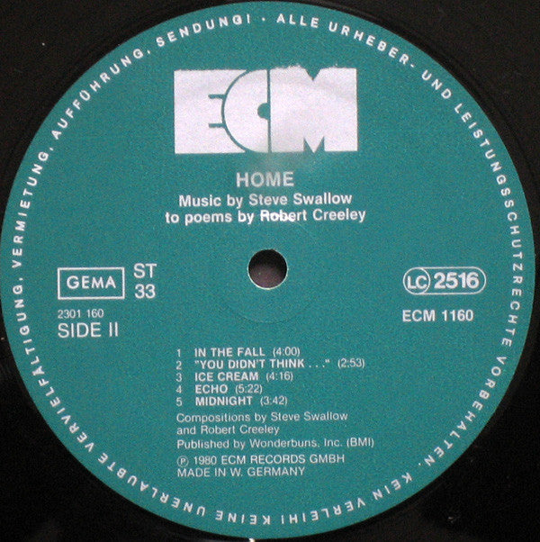 Steve Swallow ~ Home · Music By Steve Swallow To Poems By Robert Creeley (Vinyl) - Djungel & Jazz