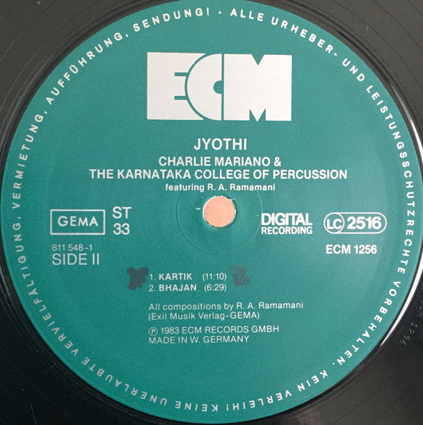 Charlie Mariano & The Karnataka College Of Percussion Featuring R. A. Ramamani ~ Jyothi (Vinyl) - Djungel & Jazz