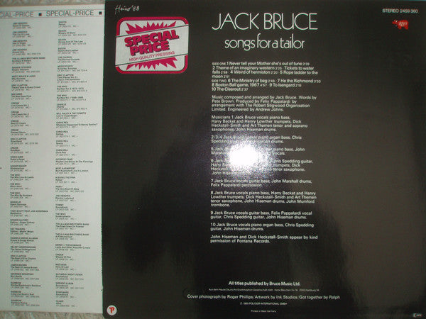 Jack Bruce Featuring Dick Heckstall-Smith, Jon Hiseman, Chris Spedding, Felix Pappalardi, John Marshall : Songs For A Tailor (LP, Album, RP)