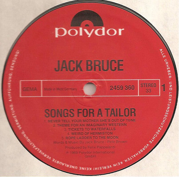 Jack Bruce Featuring Dick Heckstall-Smith, Jon Hiseman, Chris Spedding, Felix Pappalardi, John Marshall : Songs For A Tailor (LP, Album, RP)