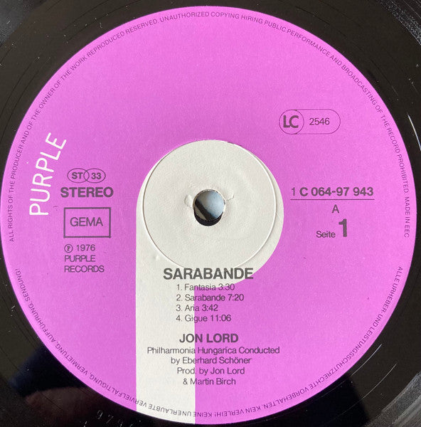 Jon Lord ~ Sarabande (Vinyl) - Djungel & Jazz