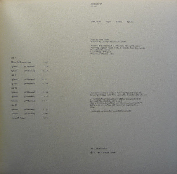 Keith Jarrett : Hymns Spheres (2xLP, Album, Gat)