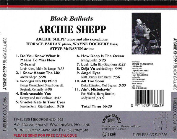 Archie Shepp, Horace Parlan, Wayne Dockery, Steve McRaven ~ Black Ballads (Vinyl) - Djungel & Jazz