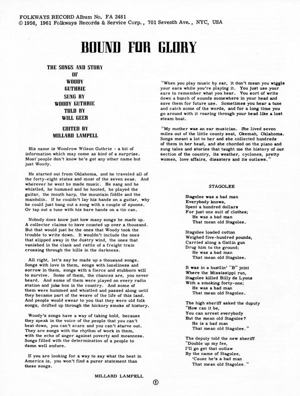 Woody Guthrie : Bound For Glory (LP, Album, RE)