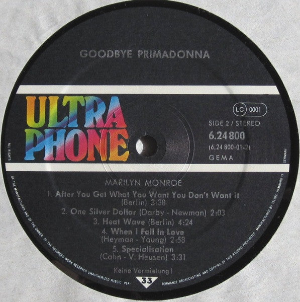 Marilyn Monroe ~ Goodbye, Primadonna (Vinyl) - Djungel & Jazz