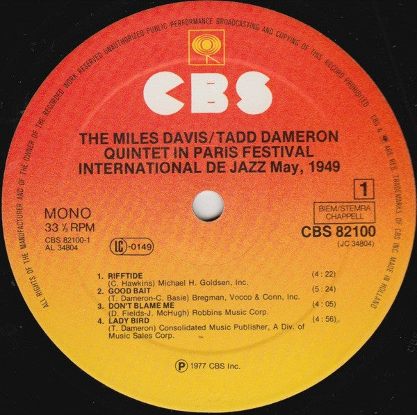 The Miles Davis/Tadd Dameron Quintet ~ In Paris Festival International De Jazz - May, 1949 (Vinyl) - Djungel & Jazz