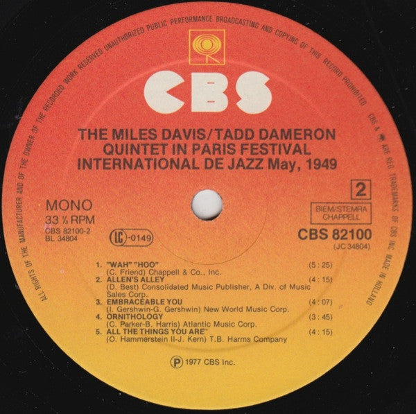 The Miles Davis/Tadd Dameron Quintet ~ In Paris Festival International De Jazz - May, 1949 (Vinyl) - Djungel & Jazz