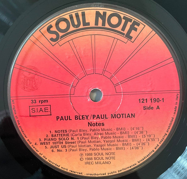 Paul Bley / Paul Motian : Notes (LP, Album)