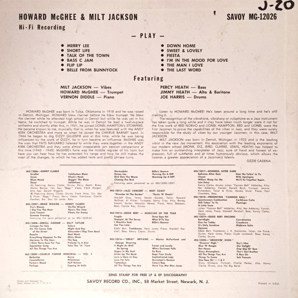 Howard McGhee & Milt Jackson : The Howard McGhee Sextet With Milt Jackson (LP, Album, Mono, Dee)