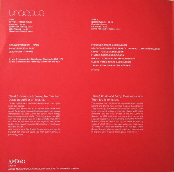 Bruno Råberg, Harald Svensson, Leroy Lowe : Tractus (LP, Album)