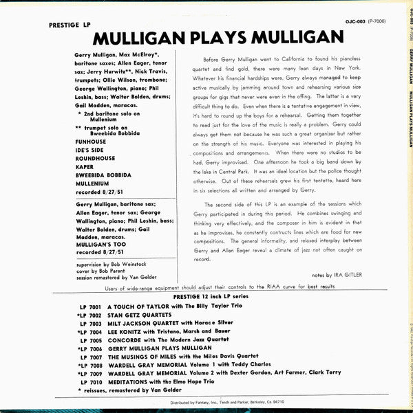 Gerry Mulligan ~ Mulligan Plays Mulligan (Vinyl) - Djungel & Jazz