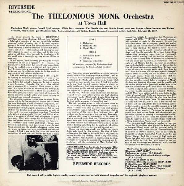 The Thelonious Monk Orchestra ~ At Town Hall (Vinyl) - Djungel & Jazz