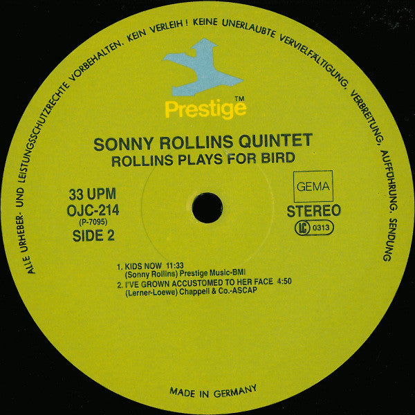 Sonny Rollins Quintet With Kenny Dorham And Max Roach : Rollins Plays For Bird (LP, Album, RE)